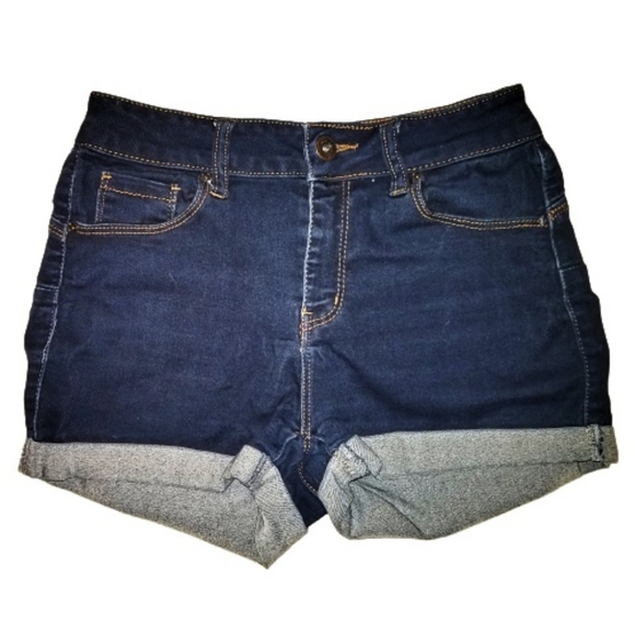 BUTT I LOVE YOU Dark Blue Stretch Wax Jean Denim Shorts Size S - Picture 1 of 4